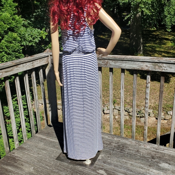 J. Crew Blue & White Stripe Racer T-back Scoop Round Neck Maxi Dress Size M - Picture 2 of 11